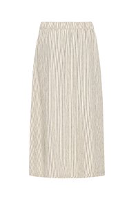 Jupe midi beige à fines rayures verticales noires et taille élastiquée, fabriquée en tissu léger.