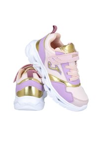 Zapatillas rosas y lavanda con detalles en dorado. Parte superior de malla, collar acolchado y una correa de velcro. Suela de goma blanca con un patrón moldeado.