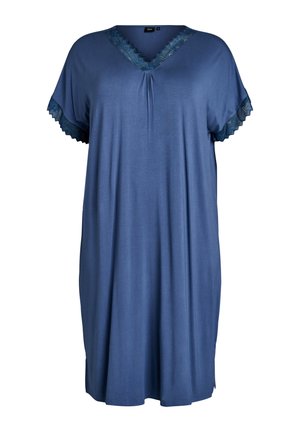 Weit geschnittenes blaues Nachthemd mit V-Ausschnitt und Spitzenbesatz an Ausschnitt und kurzen Ärmeln, aus weichem Stoff gefertigt.