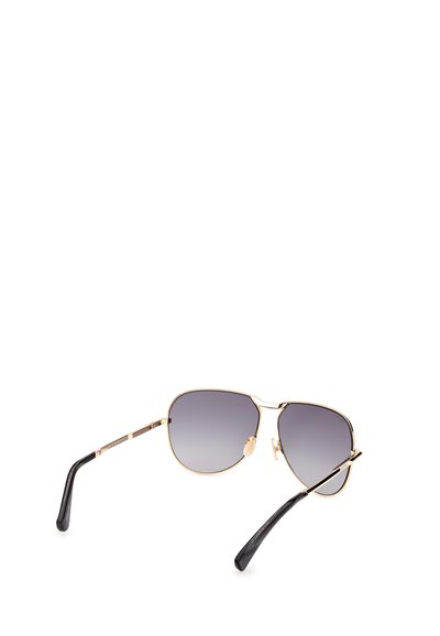 Ochelari de soare cu un cadru metalic de aur, lentile gri cu gradient și vârfuri din plastic negru; caracteristicile includ suporturi pentru nas ajustabile și un design elegant.