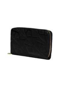 Portafoglio in pelle nera con design geometrico a rilievo, cerniera dorata e texture liscia con forma rettangolare.