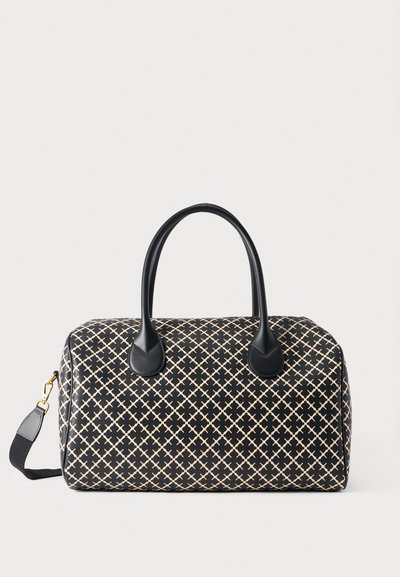 Sac à main noir à motif avec une forme structurée et des anses en cuir lisse. Présente un motif en diamants beige sur fond noir, avec une bandoulière amovible.