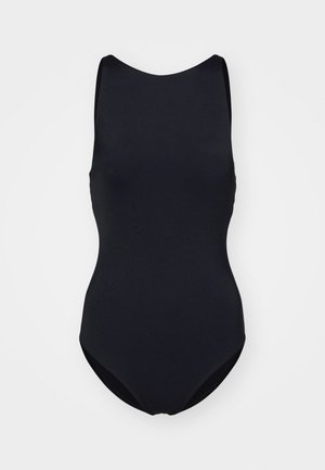 Black one-piece swimsuit with a high neck, sleeveless design, and minimalist style. Made from smooth, elastic material, featuring a standard cut.