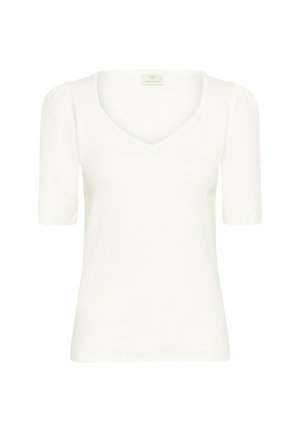 White fitted t-shirt with a deep V-neckline, short puff sleeves, and a striped texture. Made from soft, stretchy material.