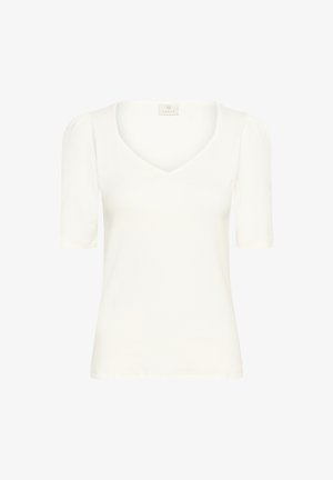 Balta prigludusi marškinėliai su giliu V formos iškirpimu, trumpomis pūkuotomis rankovėmis ir ruoželiniais raštais. Pagaminta iš minkštos, tamprios medžiagos.