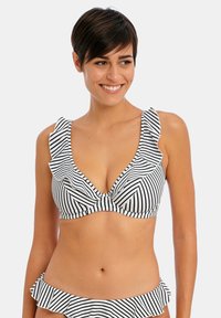 Top bikini a strisce con spalline arricciate, caratterizzato da una scollatura a V in bianco e nero, che presenta una texture liscia.