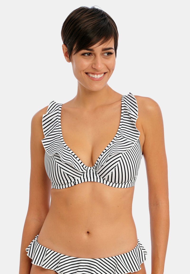 Top bikini a strisce con spalline arricciate, caratterizzato da una scollatura a V in bianco e nero, che presenta una texture liscia.