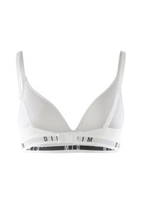 Reggiseno imbottito bianco con spalline regolabili e fascia elastica, con testo di branding in bianco e nero attorno al bordo inferiore.