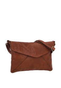 Braune Ledertasche mit strukturiertem Finish, Umschlagstilklappe, diagonalen Nähten und einem verstellbaren Tragegurt. Kompakt und funktional im Design.
