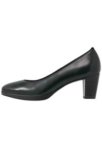 Black leather low-heeled pump with rounded toe and stacked block heel, viewed from the side against a white background.