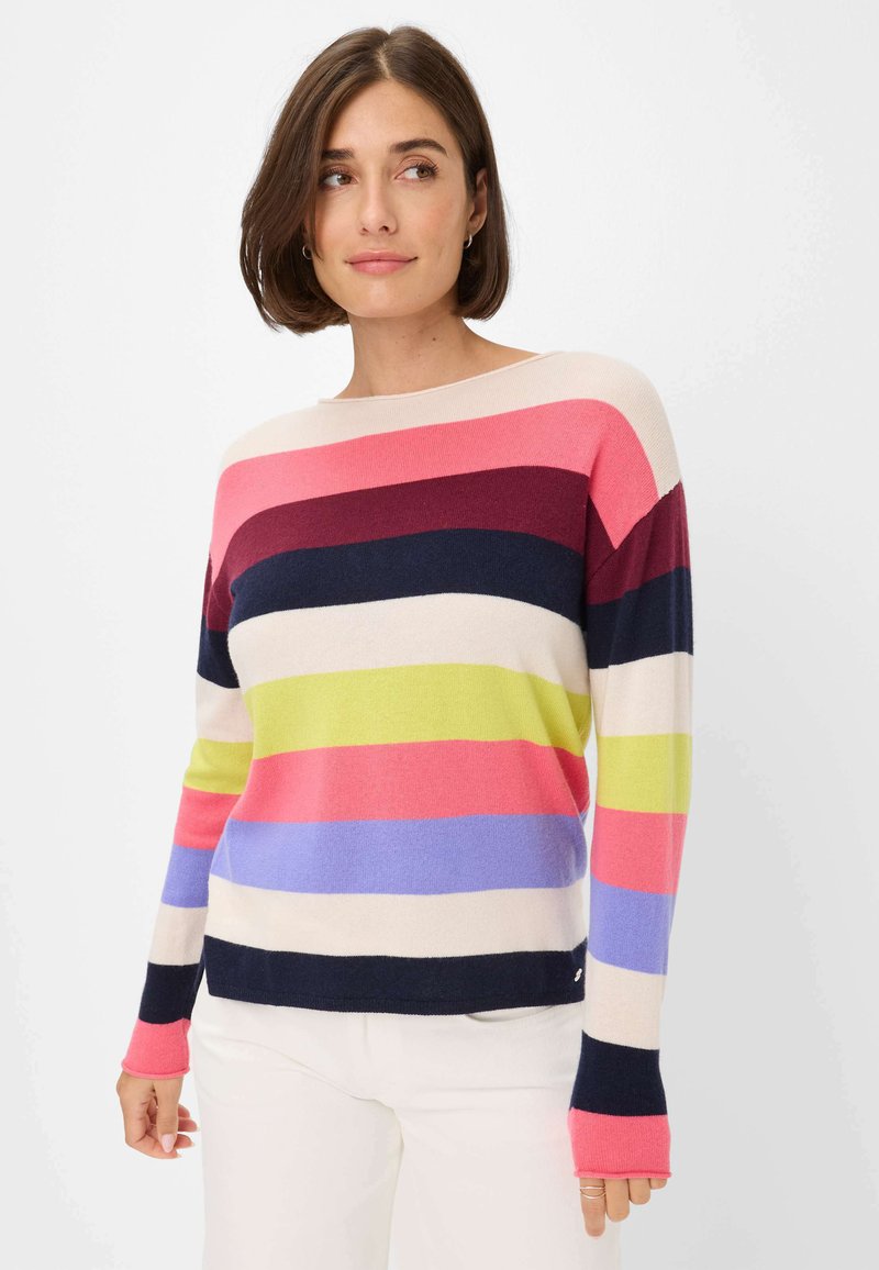 Gestreifter Pullover in mehreren Farben mit breiten horizontalen Streifen in Pink, Marineblau, Grün und Lila, langen Ärmeln und einem Rundhalsausschnitt.