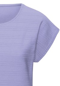 Lilac short-sleeved top made of textured fabric with subtle horizontal stripes and a round neckline. Smooth stitching along the edges.