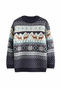 Dunkelblauer Strickpullover mit Wintermotiv, versehen mit Rentieren, Schneeflocken und Bäumen in Blau-, Weiß-, Braun- und Cremetönen. Mit Rundhalsausschnitt.