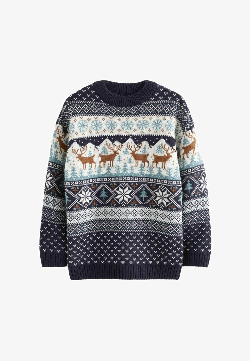 Dunkelblauer Strickpullover mit Wintermotiv, versehen mit Rentieren, Schneeflocken und Bäumen in Blau-, Weiß-, Braun- und Cremetönen. Mit Rundhalsausschnitt.