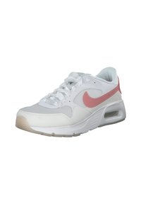 Zapatilla Nike Air Max blanca con swoosh rosa, suela acolchada y cordones de satén blancos, en un ángulo que muestra detalles frontales y laterales.