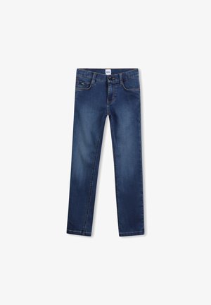 Mørkeblå denimjeans med rett ben-design, frontlommer og knappelukking. Har subtil falming og kontrast-søm.