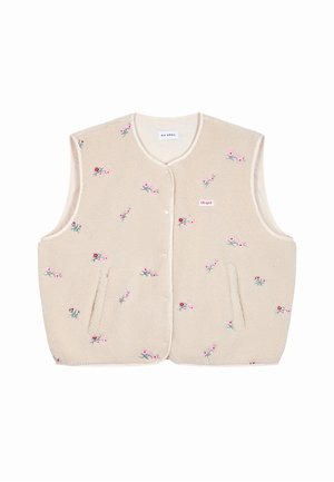 Gilet in pile beige con bottoni a pressione frontali, piccolo ricamo floreale rosa, due tasche laterali e etichetta "Oh April" sul petto.