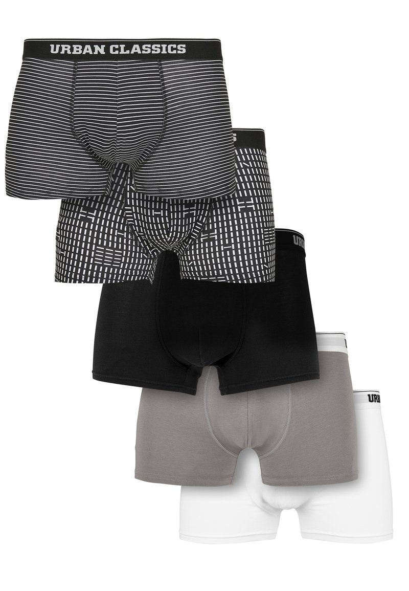 Fyra par herrunderkläder: randiga svart, grafiska svart och vit, enfärgad svart och grå, med ett vit alternativ. Har elastiska midjeband.