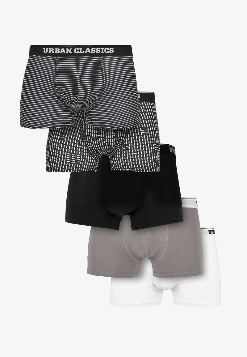 Fyra par herrunderkläder: randiga svart, grafiska svart och vit, enfärgad svart och grå, med ett vit alternativ. Har elastiska midjeband.