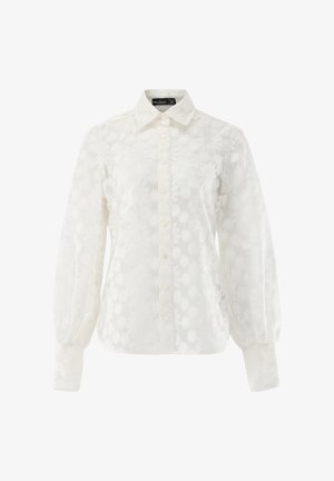 Weiße Bluse mit langen Ärmeln, Knopfleiste, floraler Spitzenmusterung und klassischem Kragen, ausgestattet mit leicht aufgeplusterten Ärmeln und geknöpften Manschetten.