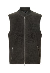 Gilet en polaire gris foncé, sans manches, avec une fermeture éclair à l'avant et deux poches latérales zippées. Matériau texturé et pelucheux avec un détail de logo.