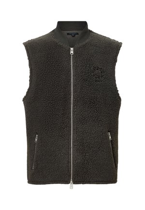 Fleecevest i mørkegrå, ærmeløs design, med en frontlynlås og to sidelommer med lynlås. Tekstureret, blød materiale med logo detaljer.