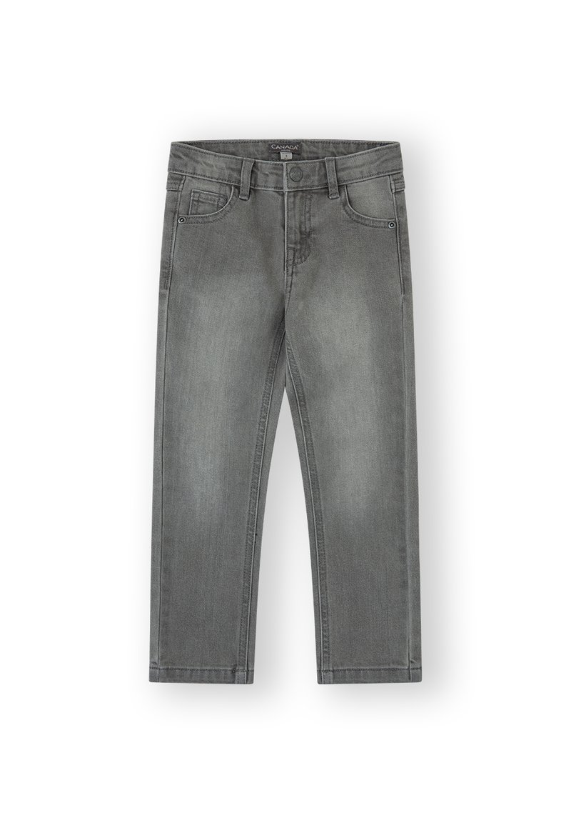 Jeans de denim gris con corte recto, diseño de cinco bolsillos y trabillas para cinturón. Presenta un ligero desgaste y costuras en contraste para mayor detalle.