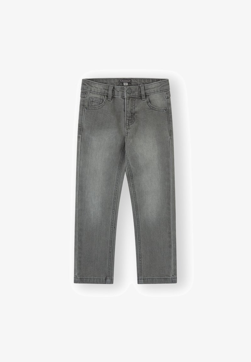 Jeans de denim gris con corte recto, diseño de cinco bolsillos y trabillas para cinturón. Presenta un ligero desgaste y costuras en contraste para mayor detalle.
