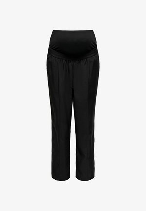 Črne nosečniške hlače z elastičnim pasom in širokimi ravnimi hlačnicami na belem ozadju.