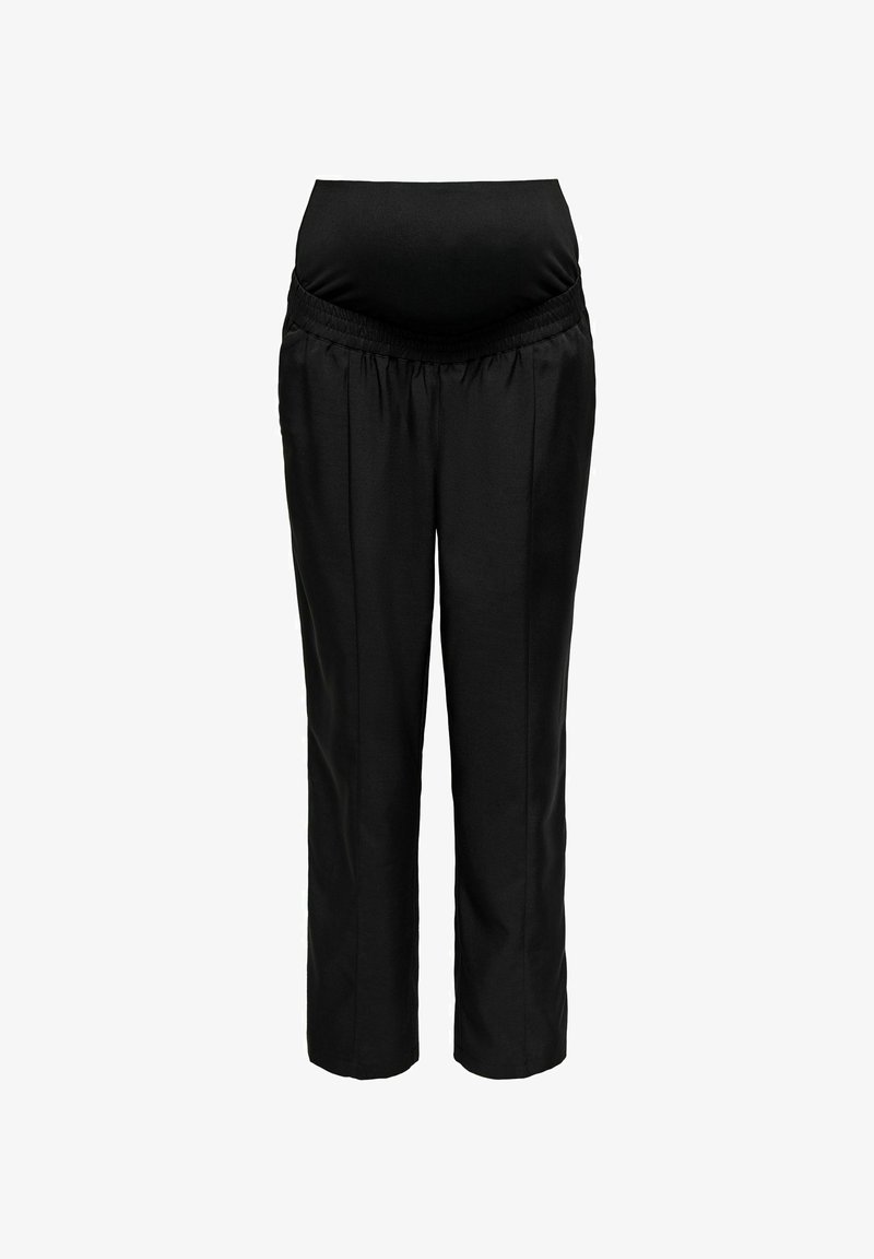 Crne trudničke hlače s elastičnim pojasom i širokim ravnim nogavicama na bijeloj pozadini.