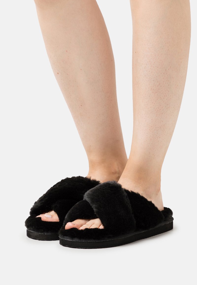 Black fur slides with crossed straps, flat black sole, and open toe. Soft, textured material provides a cozy appearance.