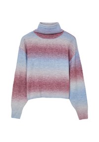 Rollkragenpullover in Farbverlaufstufen von Blau und Burgunderrot. Strickstruktur mit langen Ärmeln und lockerer Passform. Weicher, leichter Stoff.