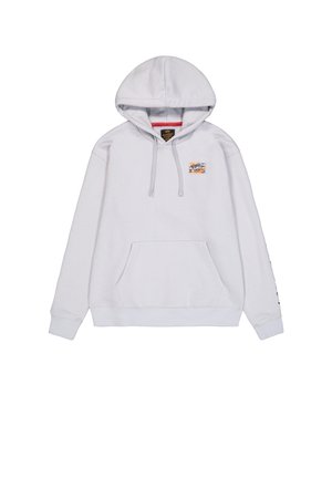 Svetlosivá pulóverová mikina s kapucňou vyrobená z bavlneného zmesi. Má klokanie vrecko, nastaviteľnú kapucňu na šnúrku a nášivku s logom na hrudi.