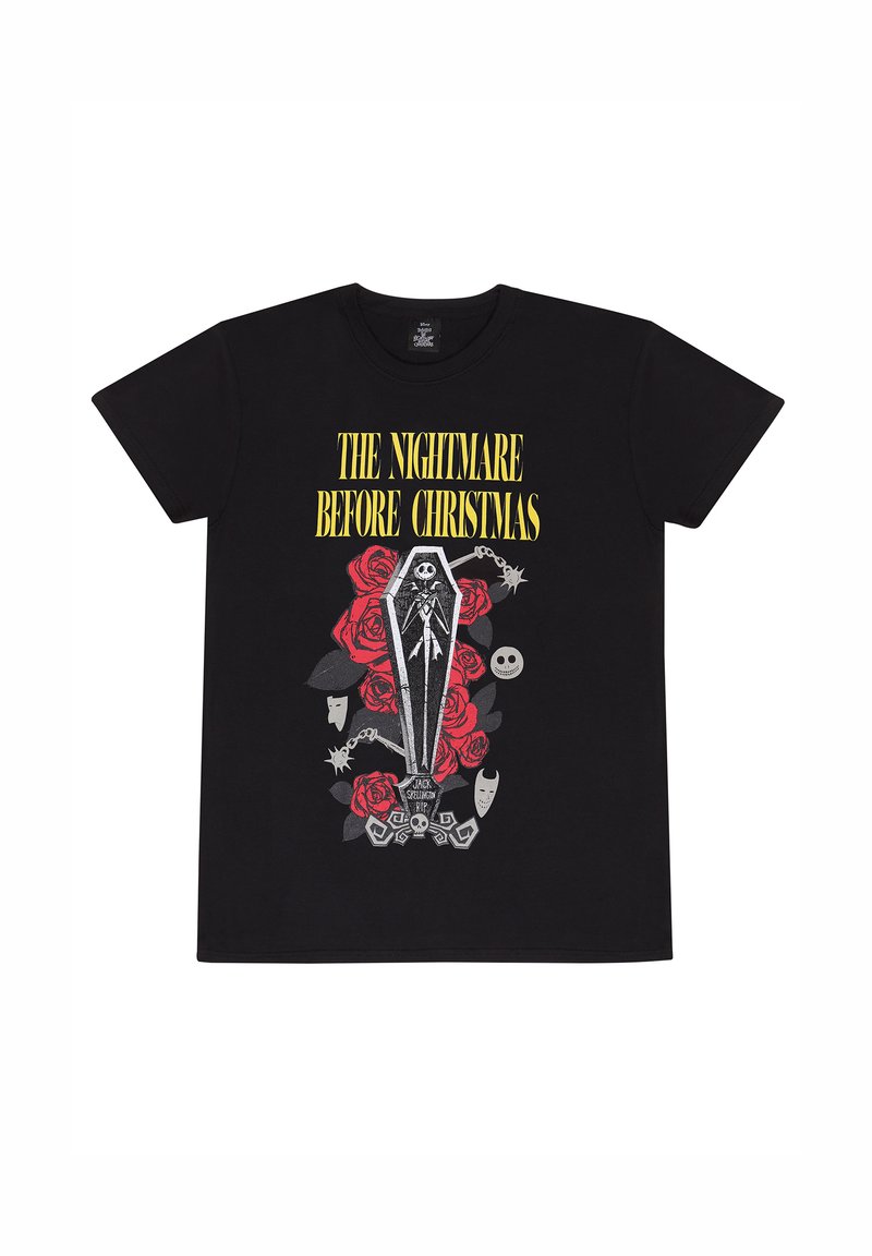 T-shirt in cotone nero con una grafica di una bara circondata da rose rosse, con "The Nightmare Before Christmas" in testo giallo sopra.