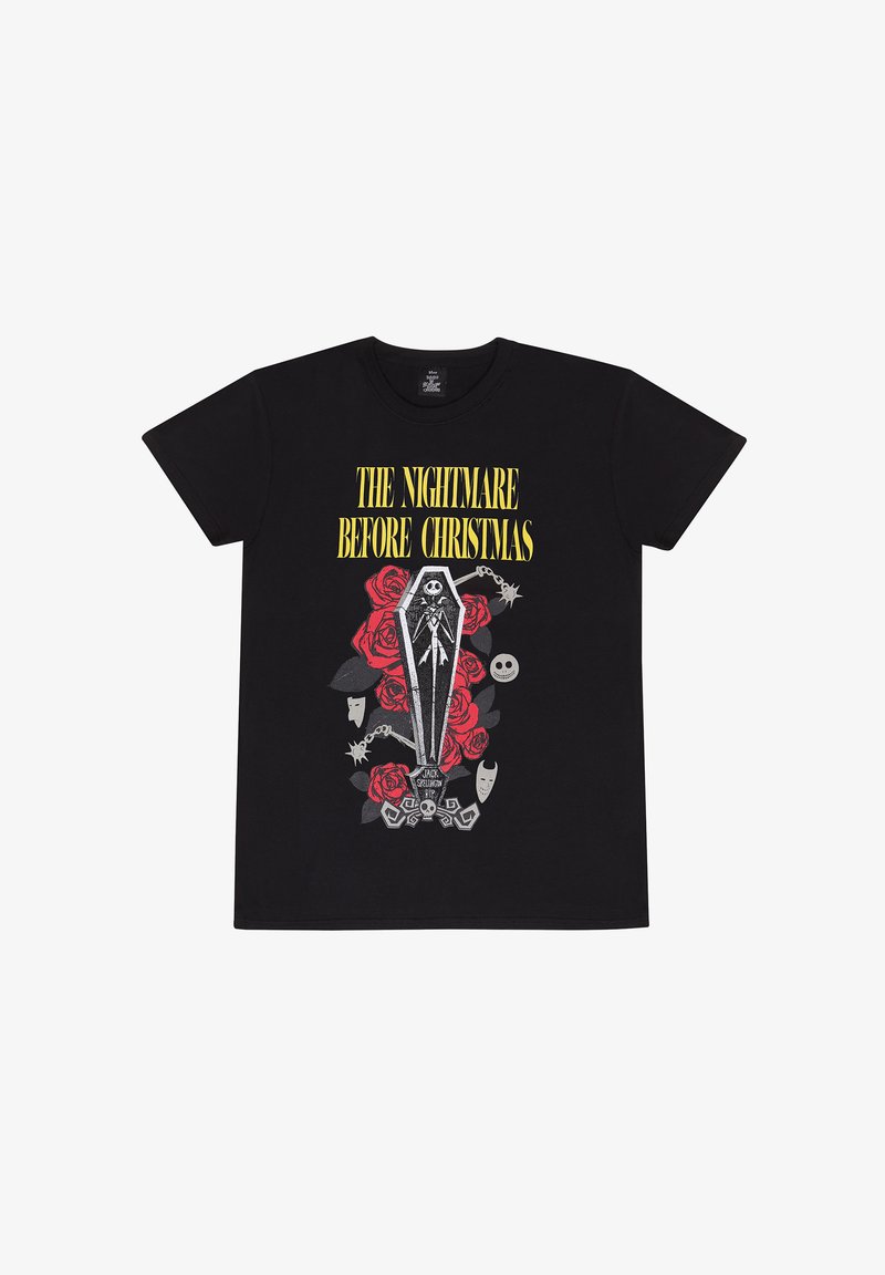 T-shirt in cotone nero con una grafica di una bara circondata da rose rosse, con "The Nightmare Before Christmas" in testo giallo sopra.