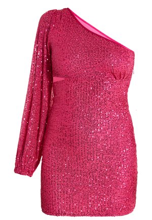 Lepotni fuksijasti sequin obleka z enim dolgim rokavom, prilegajoč silhueto in z rahlo nabrano podrobnostjo v pasu, ki prikazuje živahno, teksturirano površino.