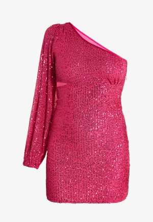 Lepotni fuksijasti sequin obleka z enim dolgim rokavom, prilegajoč silhueto in z rahlo nabrano podrobnostjo v pasu, ki prikazuje živahno, teksturirano površino.