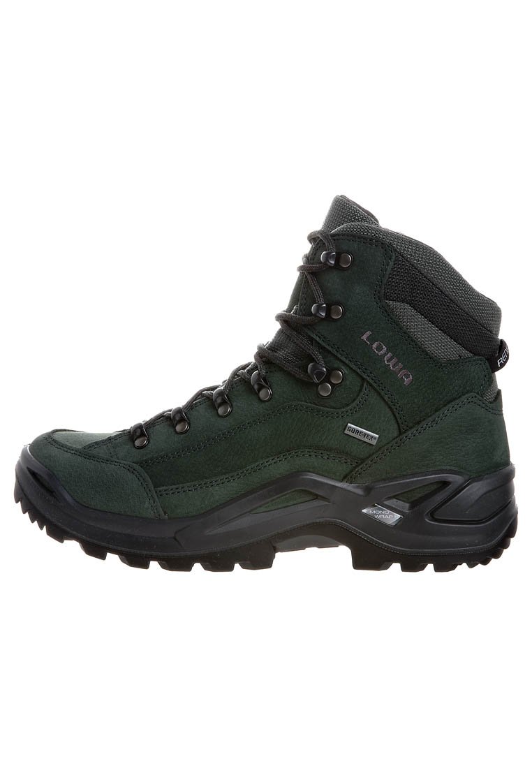 Scarponi da trekking verde scuro con suola nera, supporto alla caviglia, occhielli metallici e caratteristiche waterproof Gore-Tex e Mono Wrap.