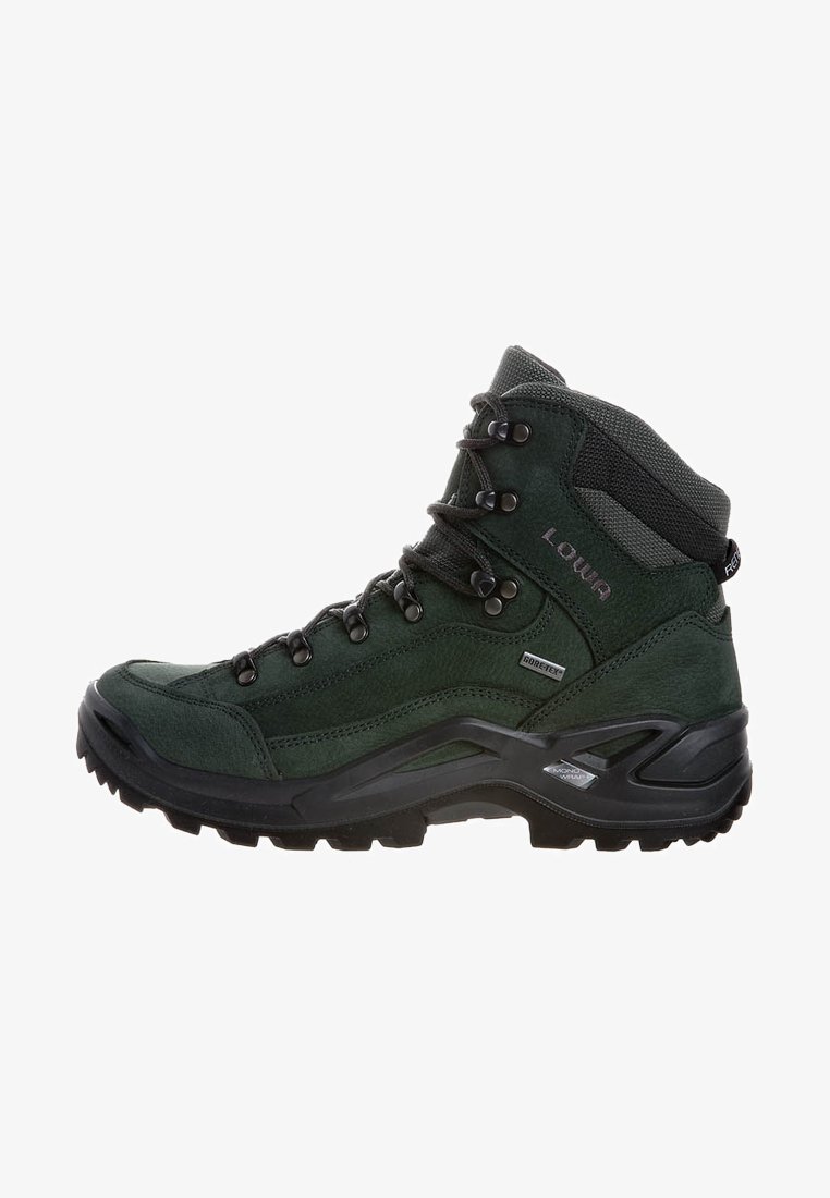 Scarponi da trekking verde scuro con suola nera, supporto alla caviglia, occhielli metallici e caratteristiche waterproof Gore-Tex e Mono Wrap.