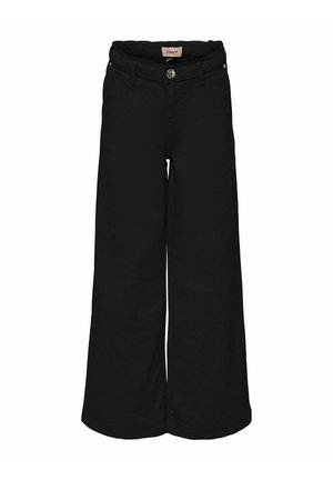 Zwarte wijde broekspijpen gemaakt van zachte stof, met een hoge tailleband, knoopsluiting en zijzakken. Eenvoudig ontwerp zonder zichtbare patronen.