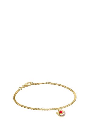 Gold chain bracelet with a horseshoe charm featuring a red heart and small purple gemstones on a white background.