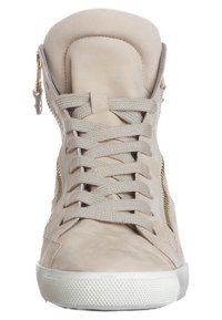 Beige high-top sneaker made of leather, with a smooth finish, textured laces, side zipper, and rubber sole with a patterned tread.