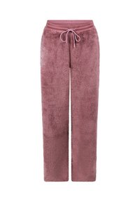 Fleece loungebroek in een zachte, pluche textuur, in een effen mauve kleur met een elastische tailleband en een bijpassend trekkoord.
