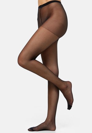Collants noirs transparents avec une texture lisse. Présente une taille haute et un design à bout ouvert, mettant en valeur une apparence ajustée et sans couture.