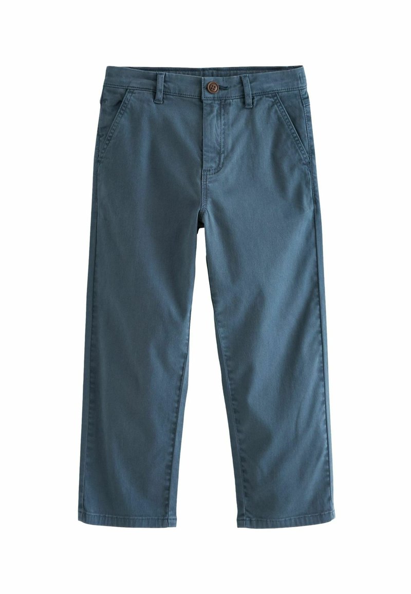 Blå bomulds cropped bukser med knaplukning, forlommer og en glat overflade. Casual pasform med lige ben og dobbeltstikninger.