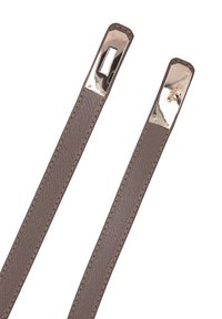 Gray leather straps with textured finish and metallic accents at ends, featuring a smooth shine and stitching along the edges.