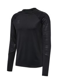 Schwarzes langärmliges Sporttrikot mit gemusterten Ärmeln, Rundhalsausschnitt und dezentem Markenlogo auf der Brust und linken Schulter.