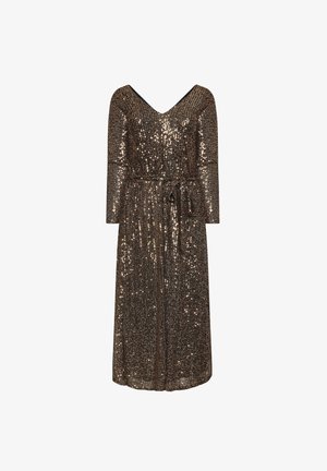 Brązowa sukienka z cekinami, z długimi rękawami, dekoltem w kształcie V i wiązaniem w talii, długości do kolan. Gładka struktura z błyszczącymi detalami w całej tkaninie.