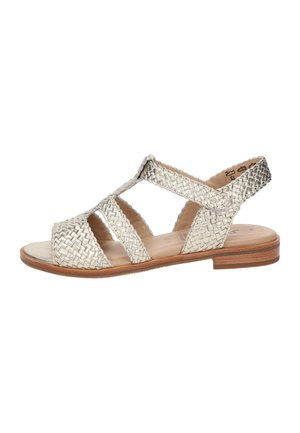 Silver woven leather sandal with multiple cross straps, open toe, and low wooden heel. Textured finish and adjustable back strap.