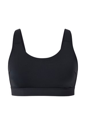 Black sports bra with wide straps, round neckline, and smooth texture. Features a supportive, stretchy design for comfort during activities.